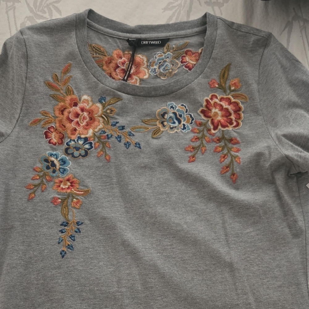 Driftwood Gray Floral Embroidered Women's Top